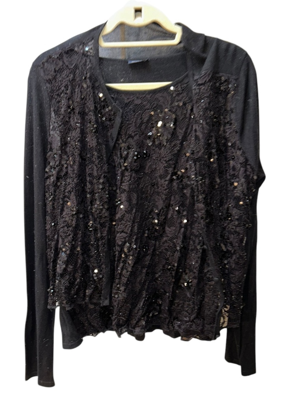 Magaschoni black cashmere silk all beaded embellished lacy twinset sweater L